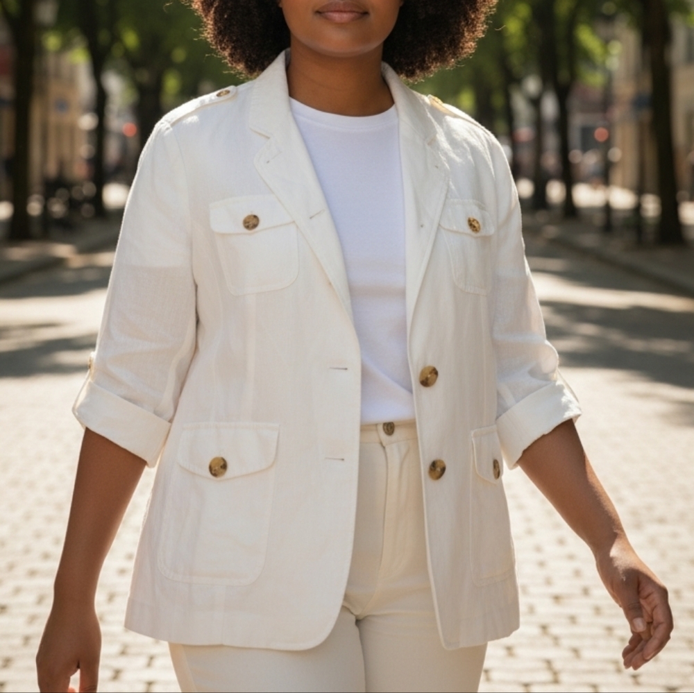 COLDWATER CREEK | Linen Blend Cream Blazer Pocket Jacket Epelets Tab Sleeve | 14
